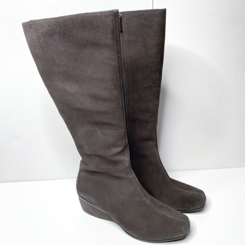 Aetrex Gray Knee High Suede Boot 9 A/B Wedge Heel Comfort Orthotic Support
